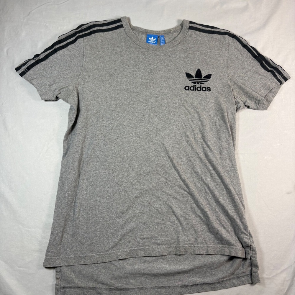 Adidas Originals Trefoil 3 Stripe T-Shirt Mens Large Gray Flocked Logo Drop Tail